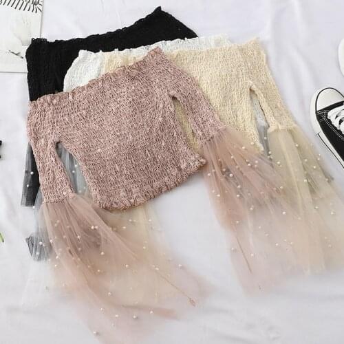 Summer Women Flare Sleeve Slash Neck Lace Pearl Bead Basic Ruffle Chic Shirt Sexy Lady Short Elastic Mesh Gauze Crop Blouse Tops
