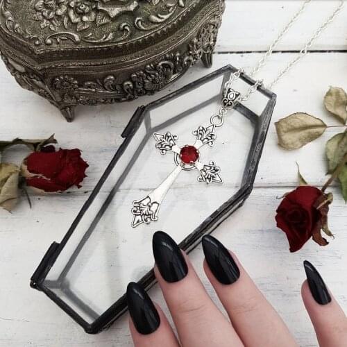 Goth Large Detailed Cross Drill Jewel Necklace Silver Colour Gothic Vampire Pendant Punk Jewellery Gorgeous Statement Women Gift