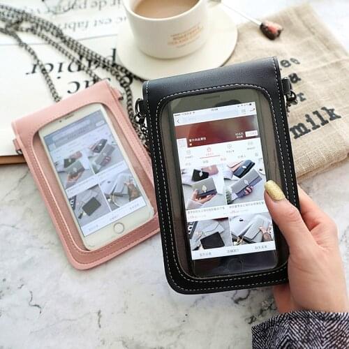Women Touch Screen Cell Phone Bag Transparent Purse Leather Shoulder Strap Handbag Universal Wallet Pouch Case For iPhone 12Pro