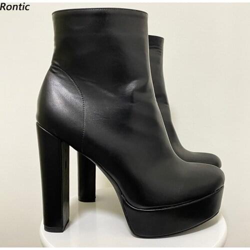Rontic Handmade Women Winter Platform Ankle Boots Faux Leather Zipper Chunky Heeled Round Toe Black Party Shoes US Size 5-20