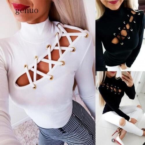 Women Long Sleeve T-Shirts Corn Eye Bandage Design Hollow Out High Collar Solid Color Top Elegant Lady Slim Streetwear Shirts