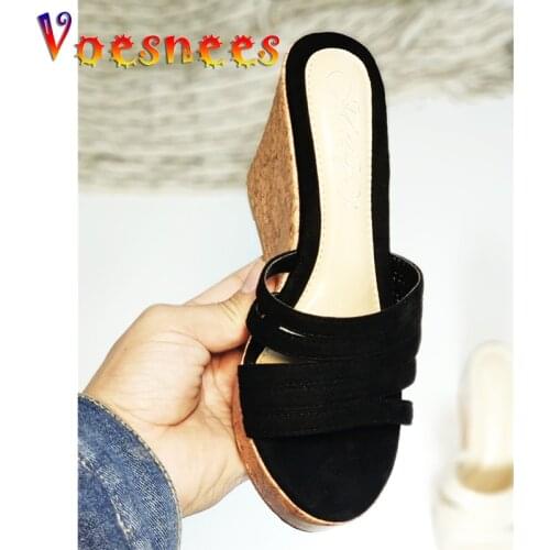 2019 Women Slippers Summer Slides Wedges Slippers Woman Platform Slides Fashion Wood High Heel 9cm Beach Shoes Mules Sandalias