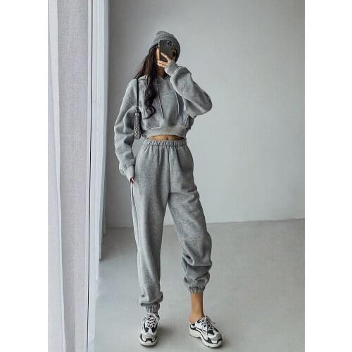 WOMENGAGA Winter Korean Hooded Loose Plush Thickened Wide Leg Pants Sportswear Short Hoodie Casual Two Piece Suit Women Top WPL6