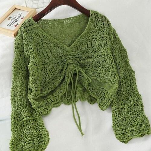 Womens Korean Version of The 2021 Spring and Autumn New Mesh Loose V-neck Hollow Drawstring Pleated Short Candy Color Top