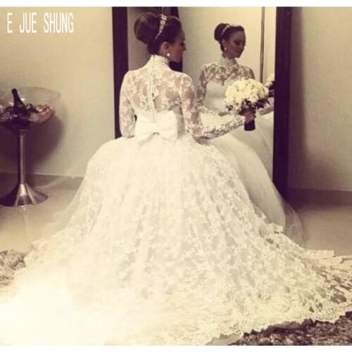 E JUE SHUNG Glamorous Lace Wedding Dresses High Neck Long Sleeve Button Back Full Appliques Arabic Bridal Gowns vestido de noiva