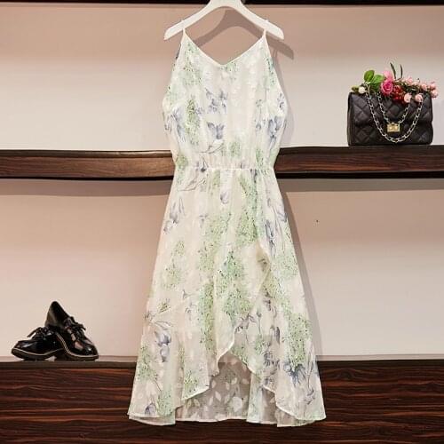 5XL 6XL 2020 summer women printed plus size chiffon dress sexy spaghetti strap sleeveless ruffles dresses beach holiday JC146