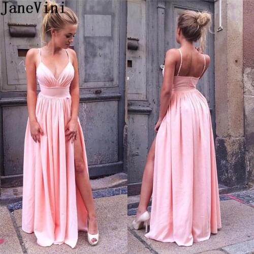 JaneVini 2021 Pink Evening Dresses Side Split Sexy V-Neck A Line Elegant Dress Women for Wedding Party Long Pom Gown Robe Longue