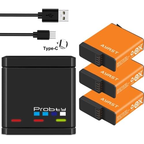 3 Pcs 1680mAh For GoPro Hero 7 Hero 6 Hero 5 Battery + Type C USB Triple Charger rechargeable for GoPro Hero 7 6 5 Black Cameras