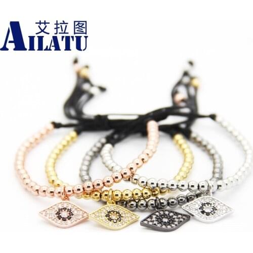 Ailatu Hot Sale Micro Pave CZ Eye Style Jewelry 4mm Plated Copper Beads Braiding Macrame Bracelet