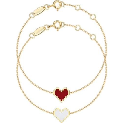 Fashion Real 925 Sterling SilverYellow Gold Color Red and White Pixel Love Heart Bracelet Women Lover Fine Jewelry Gift