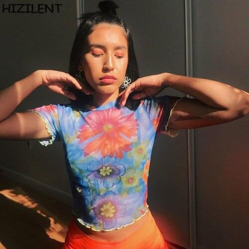 Floral Print Crop Top y2k baby Fashion T-Shirt Mesh Transparent Tshirt Women Vintage Frill Pulovers Harajuku Tee Streetwear 90s