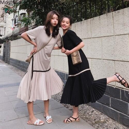 Elegant Short Sleeve Loose Women Dress Summer O-neck Pleated A-line Fashion Dresses Korean Style Khaki Black Dress Ropa Mujer