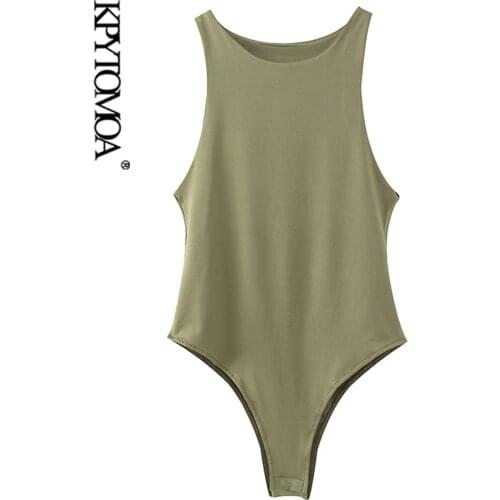 KPYTOMOA Women 2020 Sexy Fashion Stretchy Slim Solid Bodysuits Vintage O Neck Sleeveless Female Playsuits Chic Tops