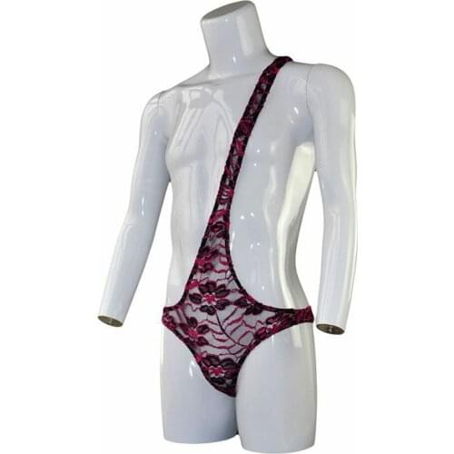 Mens Sexy Underwear Panties Lace One Shoulder Strap Bodysuit Male Slanted shoulder jumpsuit ZJH905