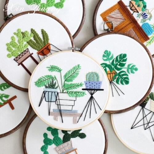 Nordic style Embroidery DIY Cross Stitch Kits Plants Patterns Needlework Set with Hoop Handmade Arts Crafts Sewing Painting Gift