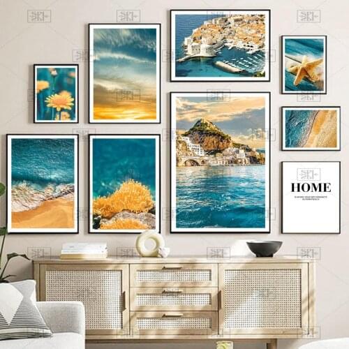 Coastal City Sea Beach Flower Palm Leaf Wall Art Canvas Painting Nordic Posters and Prints Wall Pictures for Living Room Decor
