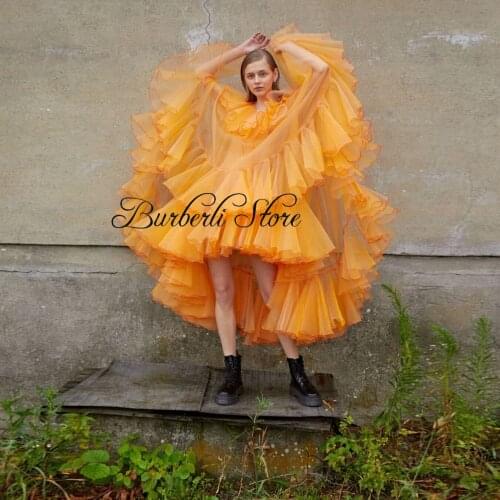 New Arrival Orange Draped Tulle Summer Dresses Unique High Low Ruffles Ruched School Party Gowns Cute Girl Dress Birthday Party