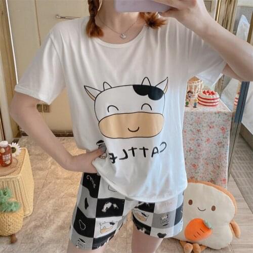 New Fashion Prints Hot Sleepwear Sets For Women Lovely Pattern Pajamas Cotton Short Home Wear Hot Sale Femme Underwear Pijamas