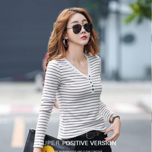 New high stretch V-neck Tshirt Woman Fall Cotton Striped Ladies Tops Korean Style Full Sleeve T-Shirt Women Womens Clothing Tee