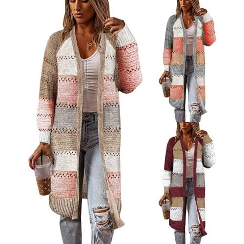 New Cardigan Coat Womens Color Block Striped Sweater Casual Long Women Warm Sweater Knitted Female Loose Sweater Winter