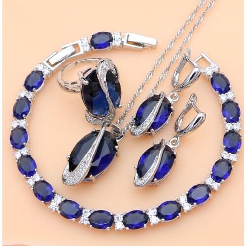 Oval Blue Synthetic Zircon White CZ 925 Sterling Silver Jewelry Sets For Women Earrings/Pendant/Necklace Kits/Rings/Bracelet