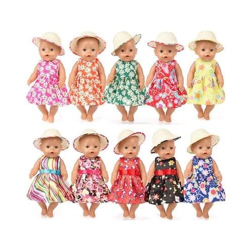 2021 New Pattern Colorful Flower Dress With Straw Hat Fit 18 Inch American&43cm Baby New Born Doll Clothes Accessories