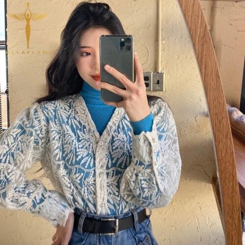 V-neck Perspective Women Long Sleeve Blouse Single Breasted Embroidered Lantern Sleeve Top Summer Loose High Street Female Shirt