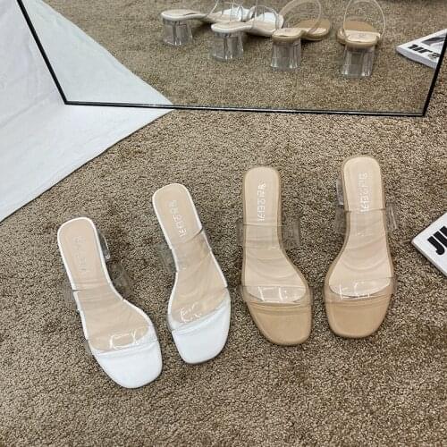 Novelty Clear Sandals Fashion Solid Open Toe Slip Transparent Chunky Heel Shoes Big Size 35-43 Apricot Beige shoes for women