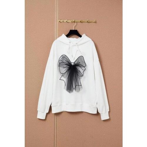 Fyion 2021 Chic Women Pullover Hoodie Bow Black / White Solid Long Sleeve Ladies Hot Sale Popular Sweatshirt