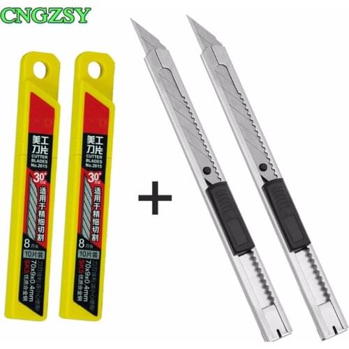 CNGZSY Utility Knife 30 Degree Blades Office Stationery Auto-lock Art Cutter Knife Metal Mini Portable Paper Slitter 2E02+2E03