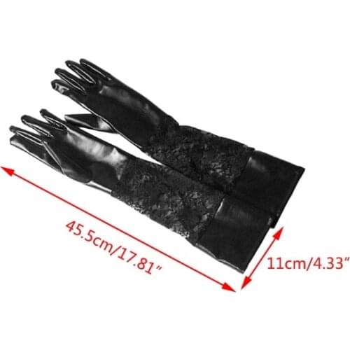 Women Faux Patent Leather Floral Lace Patchwork Black Full Finger Long Gloves