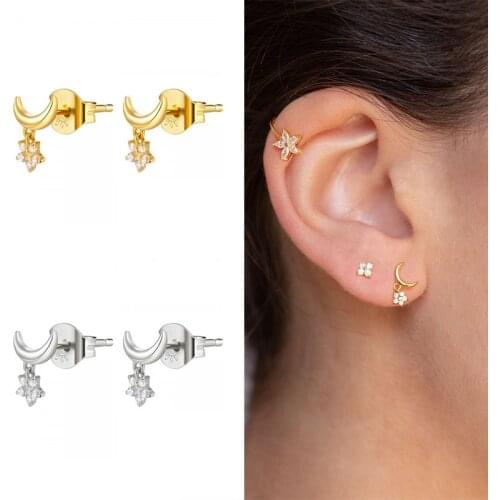 925 Sterling Silver Ear Needle Stud Earrings For Women Shiny Crystal Star And Moon Stud Earrings CZ Flower Earrings Jewelry