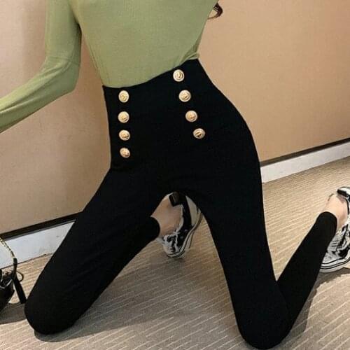 Black High Waist Pants Women Leggings Skinny Trousers Autumn New High Waist Casual Elastic Slim Double Breasted Pencil Pants