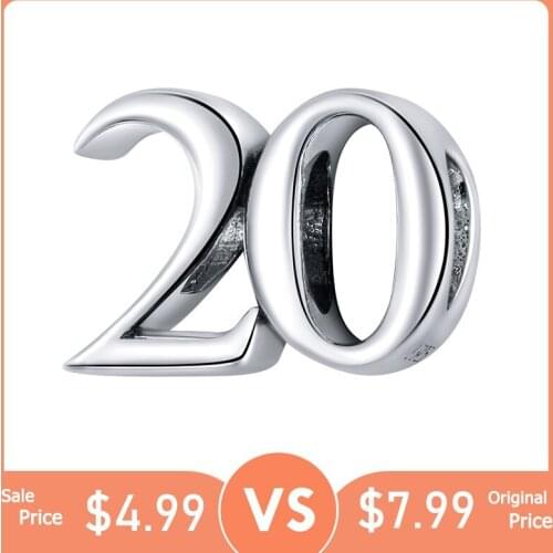 BISAER Number Beads 925 Sterling Silver Simple Numbers-20 Charms fit Silver Bracelets DIY Jewelry Making ECC1623