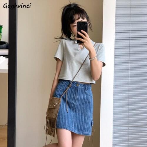 T-shirts Women Sexy Hollow Out Turn-down Collar Short Sleeve Design Summer Crop Tops Loose Fashion Korean Style All-match Girls