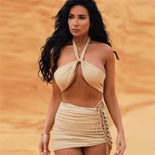 Summer new womens sexy neckline fashion solid color tie Skinny casual skirt three pieces set