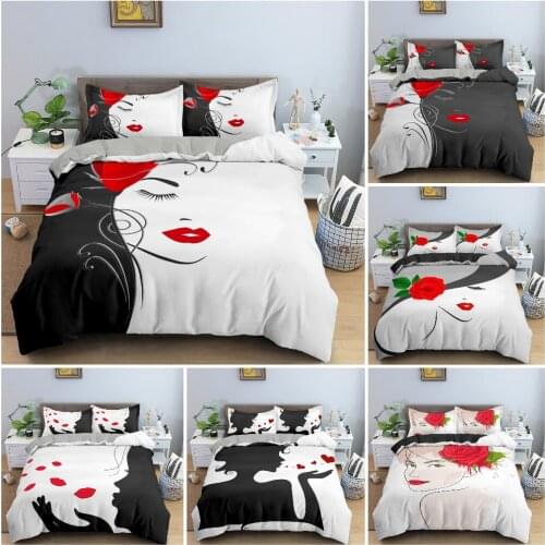 Beautiful Woman Portrait Bedding Hand-drawn Style Duvet Cover Set For Girls Bedroom Black And White Background King Bedclothes