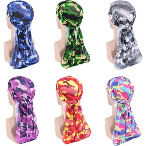 Fashion Camouflage Turban Women Men Long Tail Muslim Durags Pirate Hat Imitated Silk Patchwork Hair Accessories Bandanas Headwra