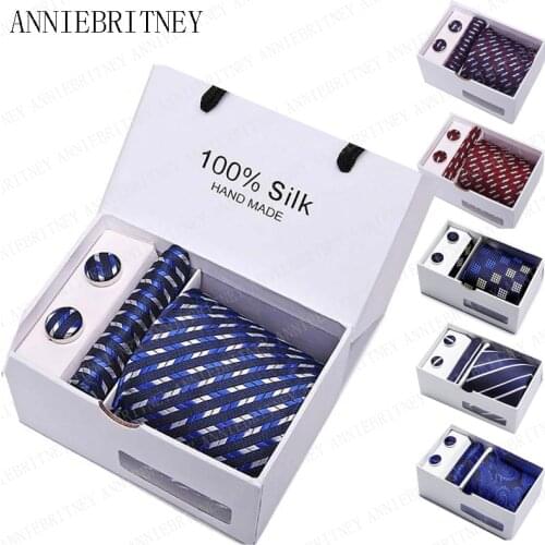 ANNIEBRITNEY Ties for Men 2019 Tie With Gift Box Jacquard Woven gravata Silk Tie Hanky Cufflinks Necktie Sets For Wedding Party