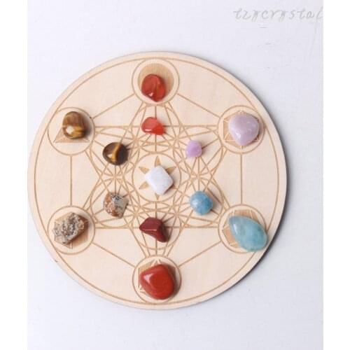 Natural Gem Polished Chakela Crystal Wooden Grid Altar Meditation Set
