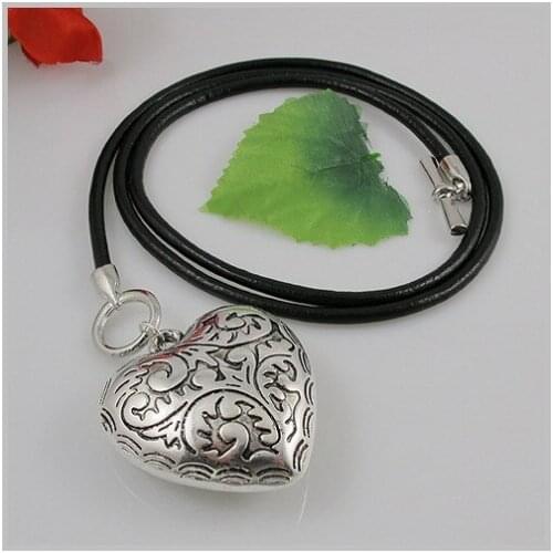 Elegant Big Size 5cm Tible Silvers Love Heart Real Black Leather Necklace Charming Women Wedding Birthday Party Gift Jewelry