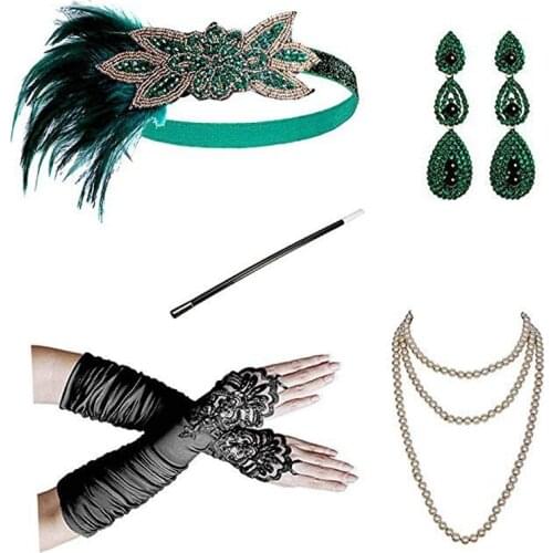 5Pcs/set Women 1920S Headband The Great Gatsby Cosplay Stage Performance Retro Feather Headband Necklace Earring Accessories Set