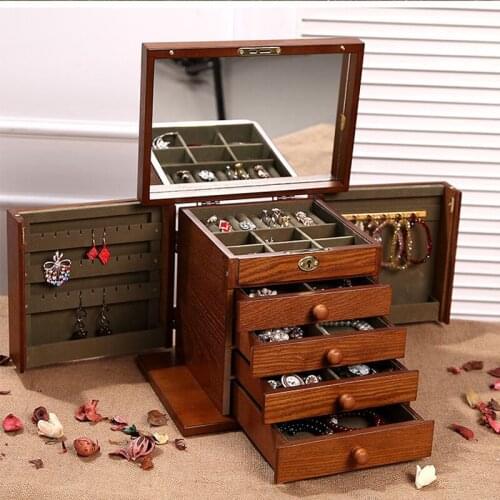 Spring luxury jewelry box with lock wooden retro Chinese jewelry storage box with mirror dressing box large capacity