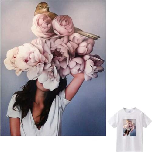 Flower And Maiden Iron-On Transfer For Clothing DIY Washable T-Shirts Heat Transfer Thermal Stickers Literary Girl Style Patches