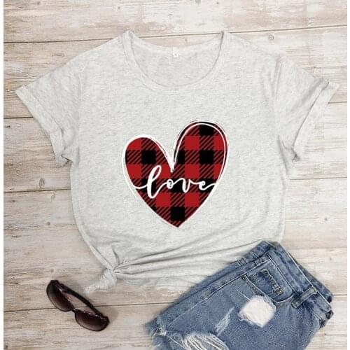 Women Fashion Clothing Valentines Lover Colored T-Shirt Funny O-Neck Casual Heart Red Plaid Vintage Valentines Gift Grunge Top