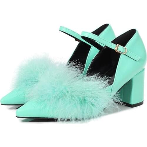 Womens Fur Furry Pointy Toe Leather Block High Heel Pumps Shoes Sandals Green Pink New 2021