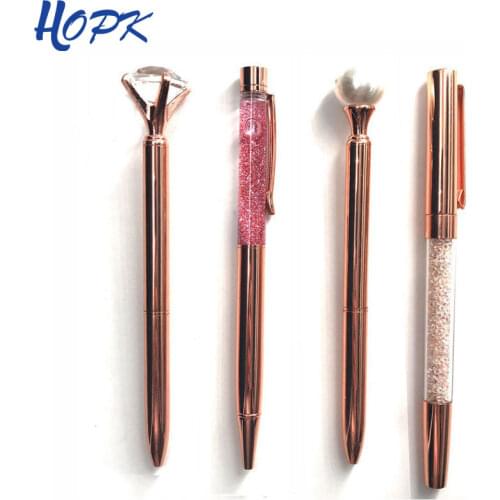 1Pcs Luxury Rose Gold Ballpoint Pen Pearl Pens Crystal Diamonds Oil Quicksand Metal Pens School Chancellory Supplies Stationery