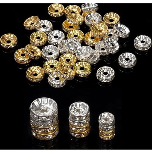 100pcs 4/6/8/10mm Gold Silver Rhinestone Rondelles Crystal Beads Round Loose Spacer Beads For Jewelry Making DIY Accessories