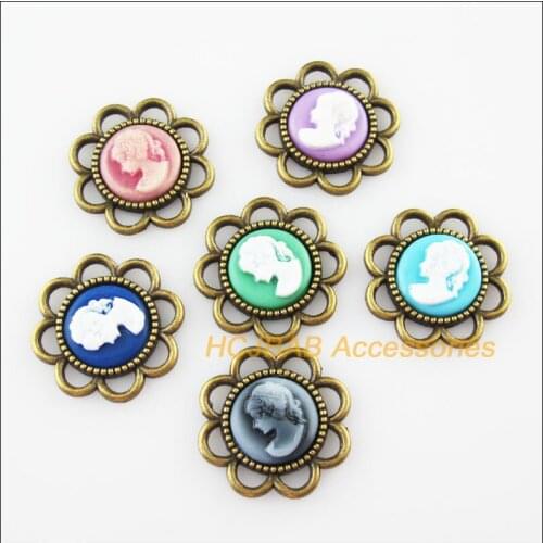 12Pcs Antiqued Bronze Flower Beauty Mixed Resin Charms Pendants 22mm