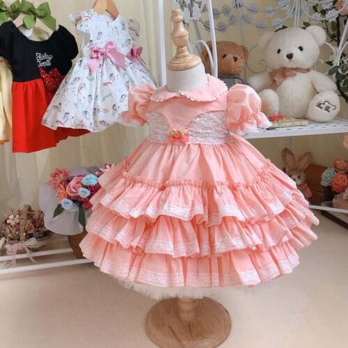 2PCS Summer Spanish Lolita Orange Cotton Vintage Princess Ball Gown Dress For Bady Girls Birthday Party Short Sleeves Dress 0-6Y
